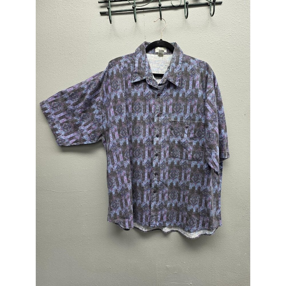 Sostanza Shirt Mens XL Purple Gray Geometric Print Button Up Casual 90s Style